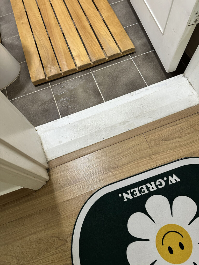 욕실 안쪽 물기 많은 바닥과 문 앞 규조토 매트를 나누어 둔 모습