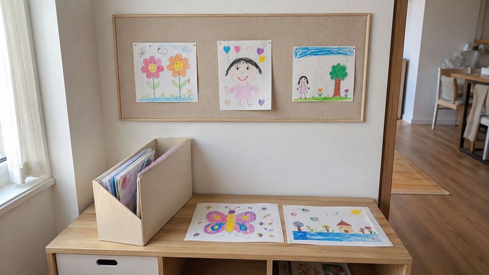 최근 아이 그림은 보드에 걸고 오래 남길 작품은 얇은 파일에 따로 정리한 모습